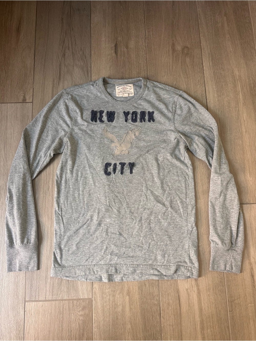 American Eagle Outfitters Grey Long-Sleeve Crewneck with Navy Lettering